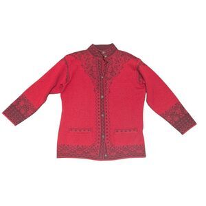 Norlender Women's 100% Wool Red Patterned Cardigan Size Medium